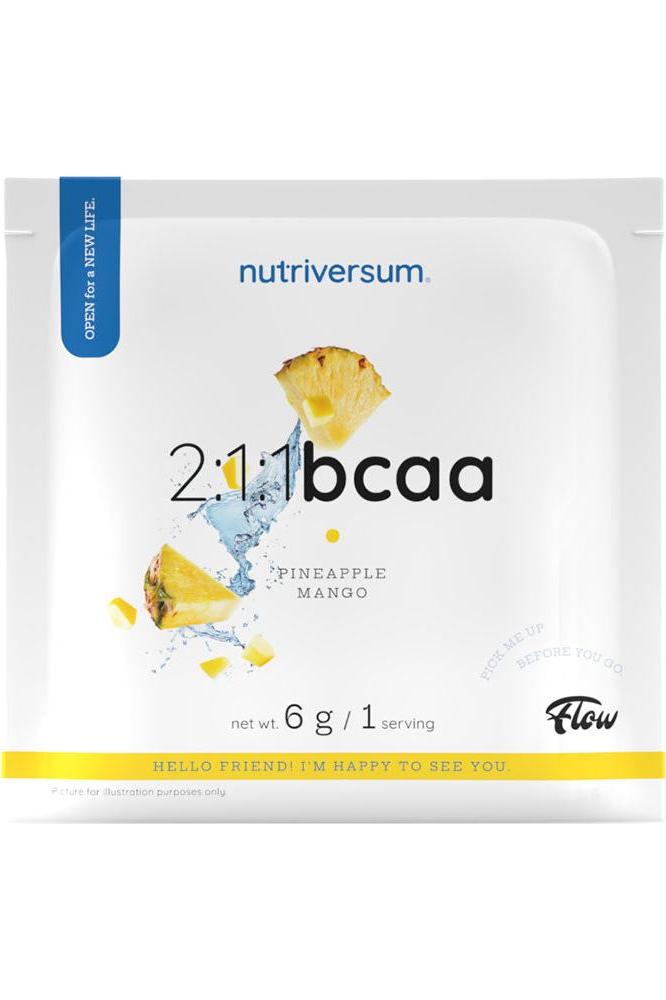 Nutriversum 2:1:1 BCAA FLOW Pineapple Mango flavor package, 6g serving size, vegan and sugar-free.
