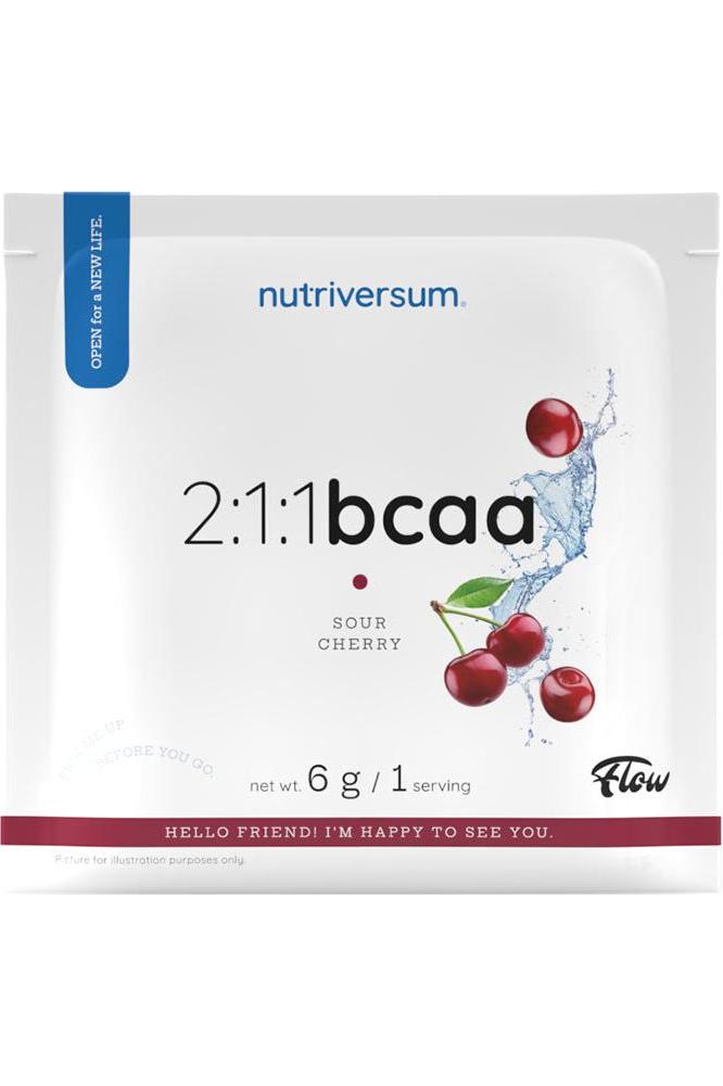 Nutriversum 2:1:1 BCAA Sour Cherry flavor, 6g serving, vegan, no sugar or aspartame, refreshing sports supplement.