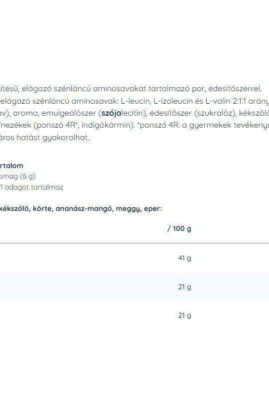 Nutrition label for Nutriversum BCAA powder, detailing amino acid content and ingredients per serving.