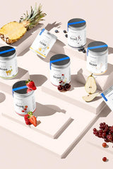 Nutriversum 2:1:1 BCAA jars displayed with fruit accents, highlighting refreshing flavors and natural ingredients.