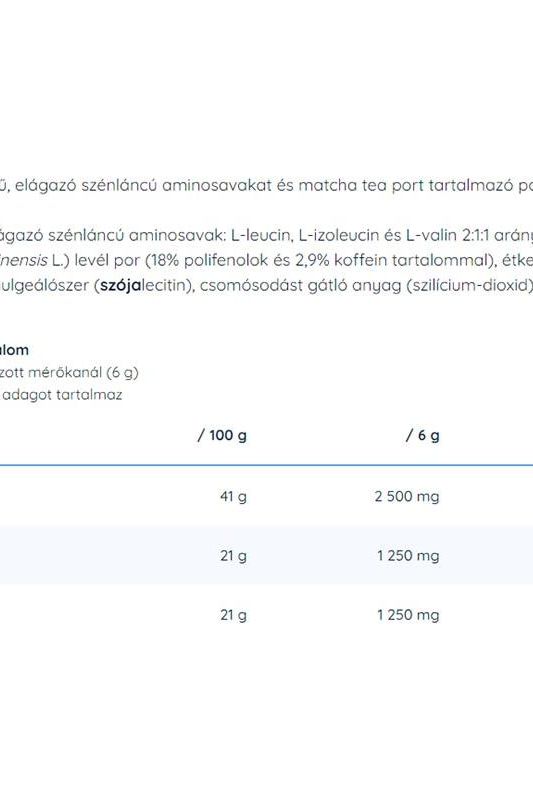 Nutriversum BCAA nutritional information with amino acids and matcha tea details in 2:1:1 ratio.