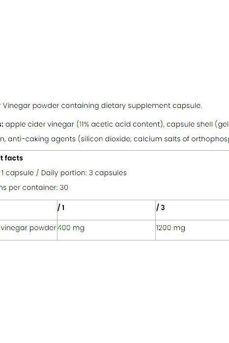 Nutriversum Apple Cider Caps dietary supplement facts including ingredients and nutritional information.