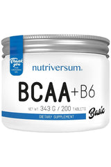 Nutriversum BCAA + B6 dietary supplement container, 200 tablets, with natural amino acids and vitamin B6.