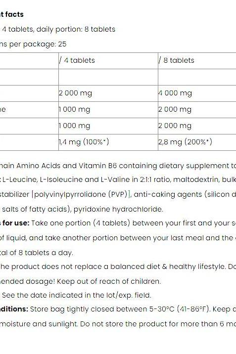 Nutriversum BCAA + B6 supplement nutrition facts table, detailing amino acids and serving recommendations.