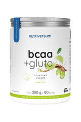 Nutriversum BCAA + Gluta sugar-free supplement in lime cola flavor, 360g container with 60 servings.