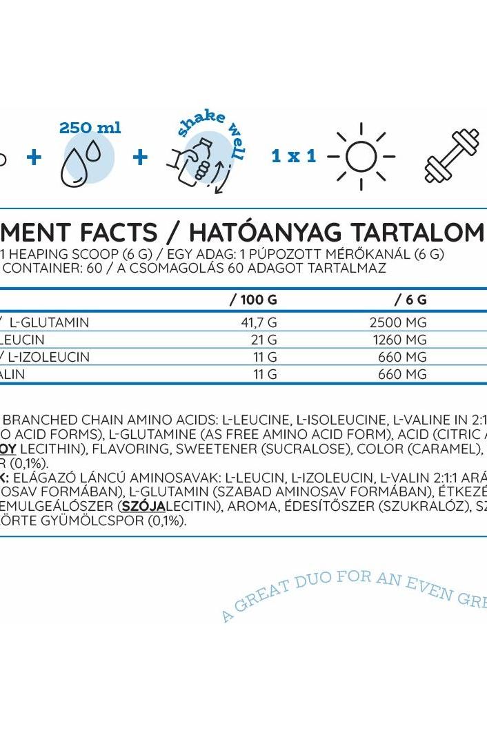 Nutriversum BCAA + GLUTA nutrition facts with amino acid details and serving instructions.