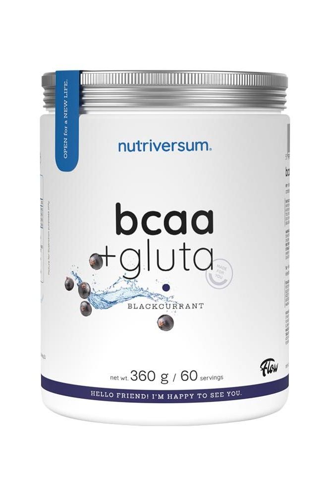 Nutriversum BCAA + Gluta 360g blackcurrant flavor, sugar-free amino acid supplement.