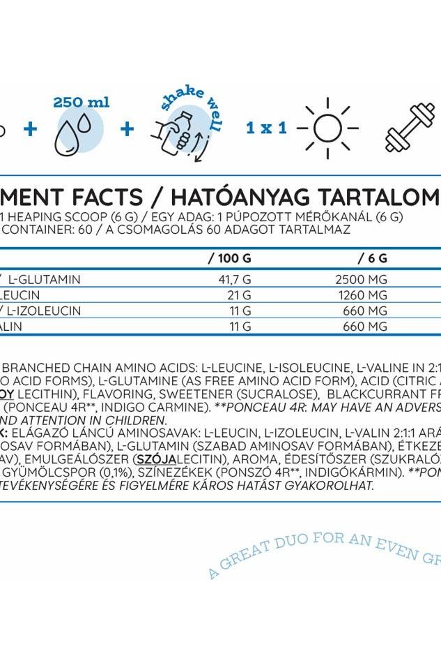 Nutriversum BCAA + GLUTA nutritional facts label showing BCAA and glutamine content per serving.