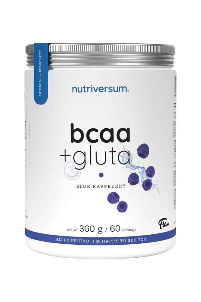 Nutriversum BCAA + Gluta supplement tub in Blue Raspberry flavor, offering 2580 mg BCAA and 2500 mg glutamine per serving.