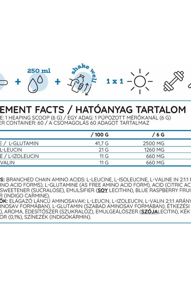 Nutriversum BCAA + GLUTA nutritional information label with ingredients and serving size details.