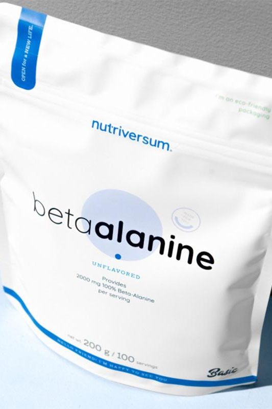 Nutriversum Beta Alanine unflavored powder package, 200g, enhances endurance and muscle recovery.