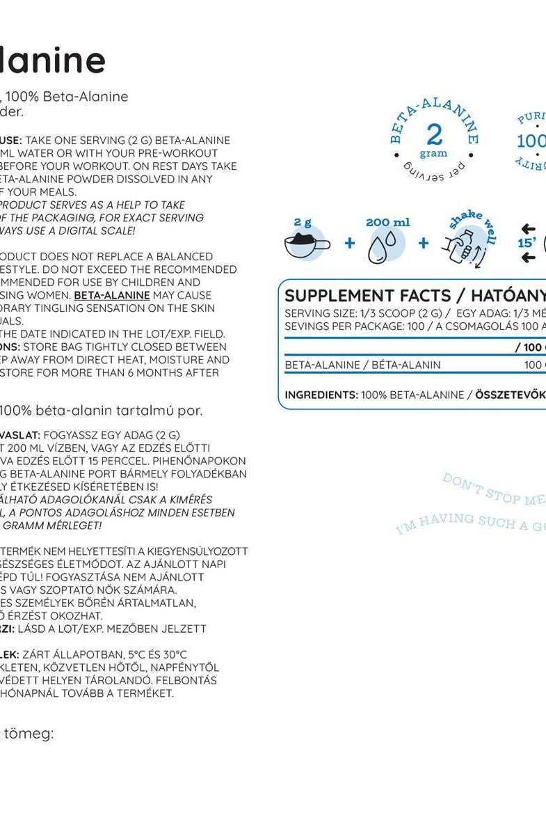 Nutiversum Beta Alanine supplement label with dosage instructions and ingredient details.