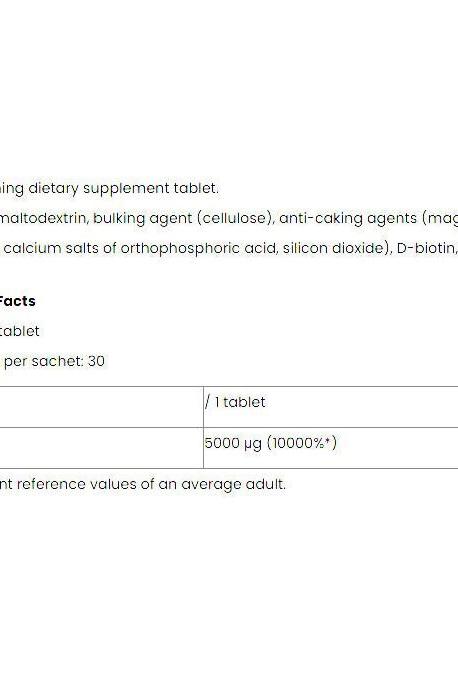 Nutriversum Biotin dietary supplement tablet ingredients and nutritional facts, 30 tablets per sachet.