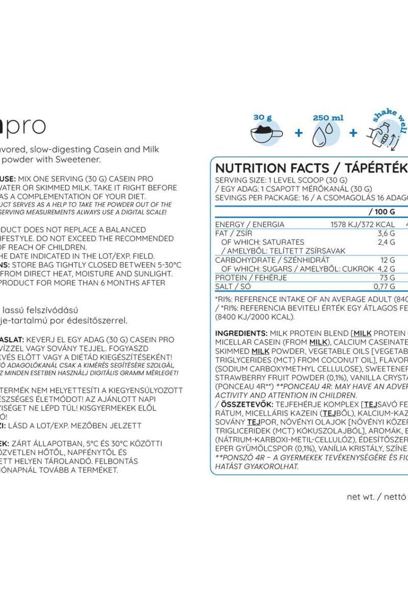 Nutriversum Casein Pro nutrition facts label showing protein, serving size, and preparation instructions.