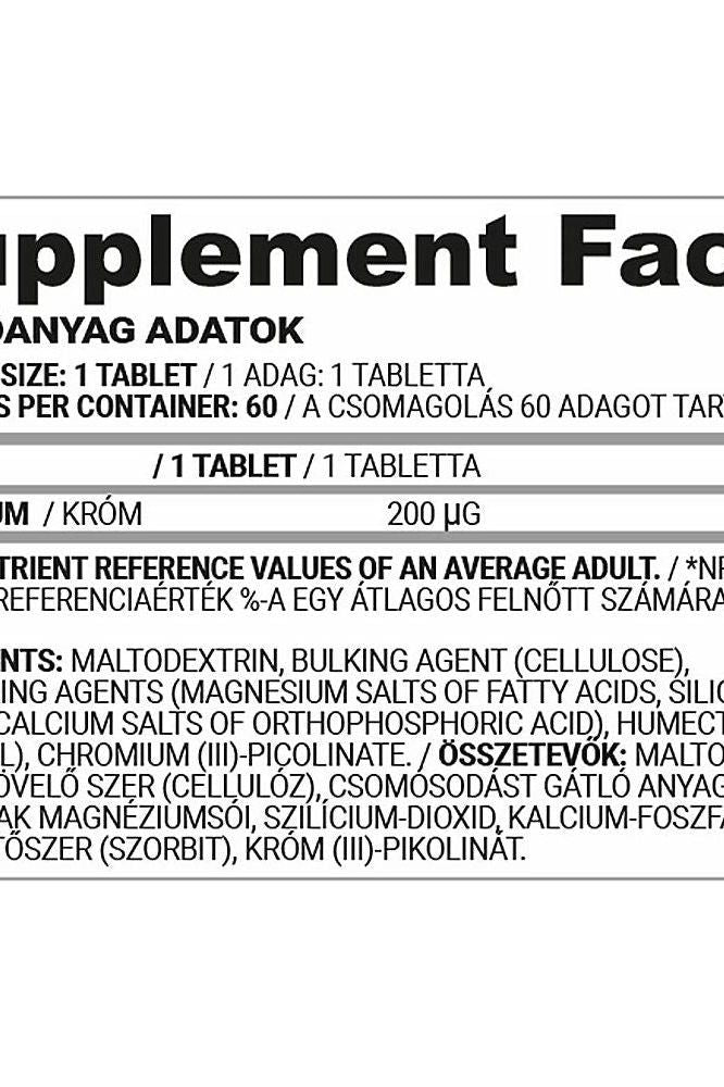 Supplement facts label for Nutriversum Chromium tablets showing ingredients and nutrition information.