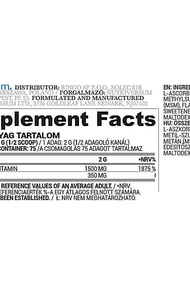 Nutriversum C+MSM supplement facts label showing 1500 mg vitamin C per serving and MSM content.