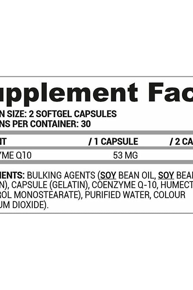 Nutriversum Coenzyme Q10 supplement facts label showing ingredients and dosage information for 60 softgels.