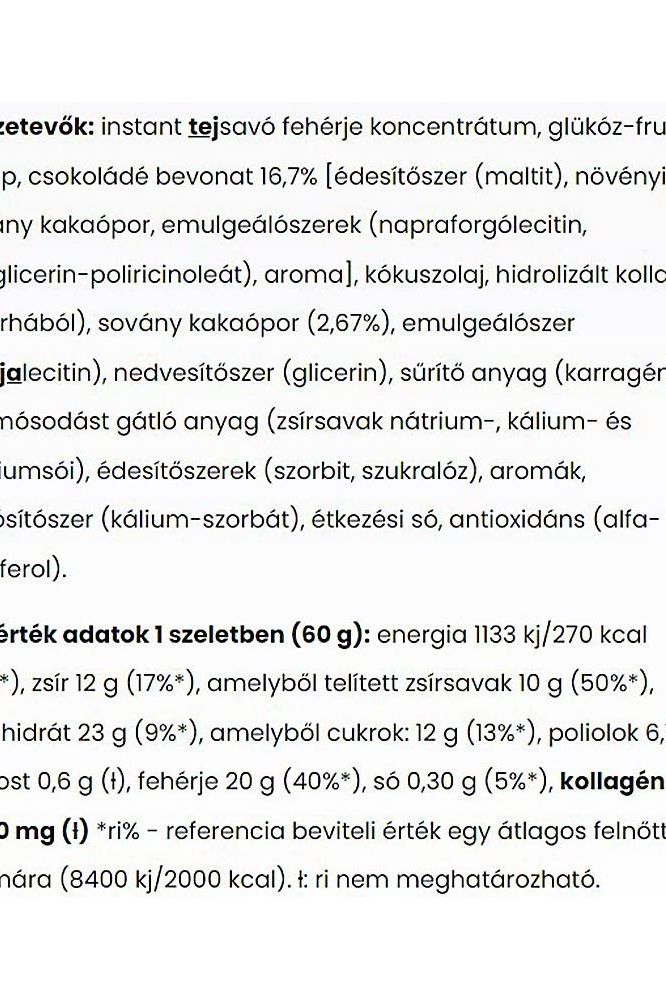 Ingredient list and nutritional information for Nutriversum Collagen Bar WSHAPE, including protein and calorie content.