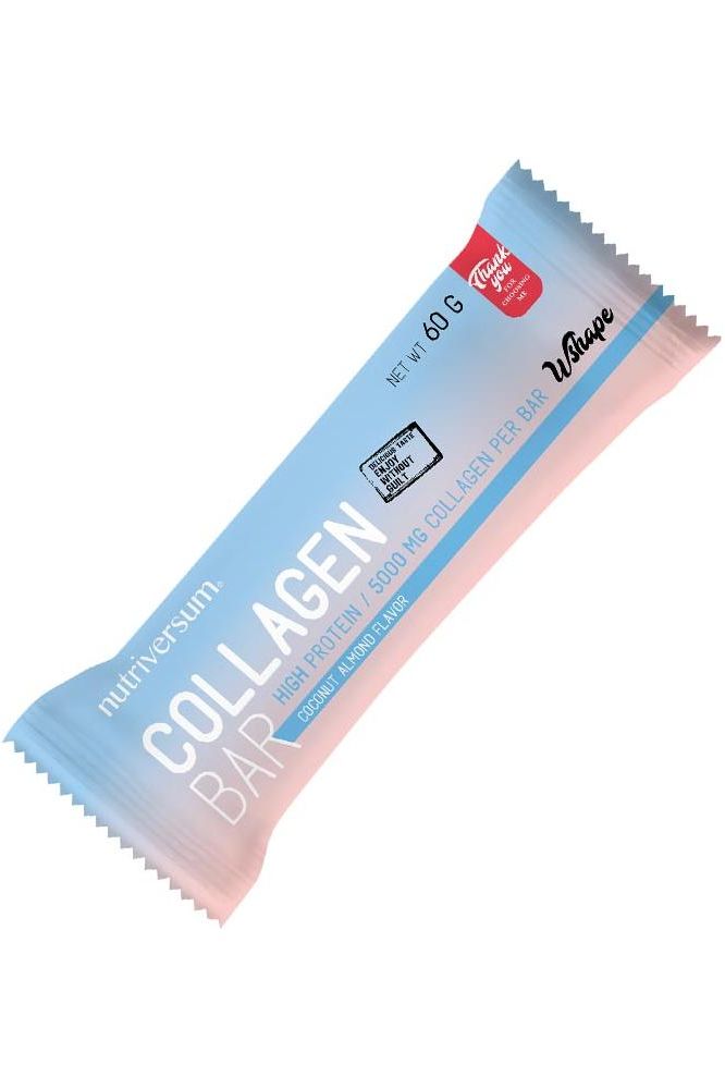 Nutriversum Collagen Bar WSHAPE, protein-rich, low calorie snack with chocolate coating, 60g packaging.