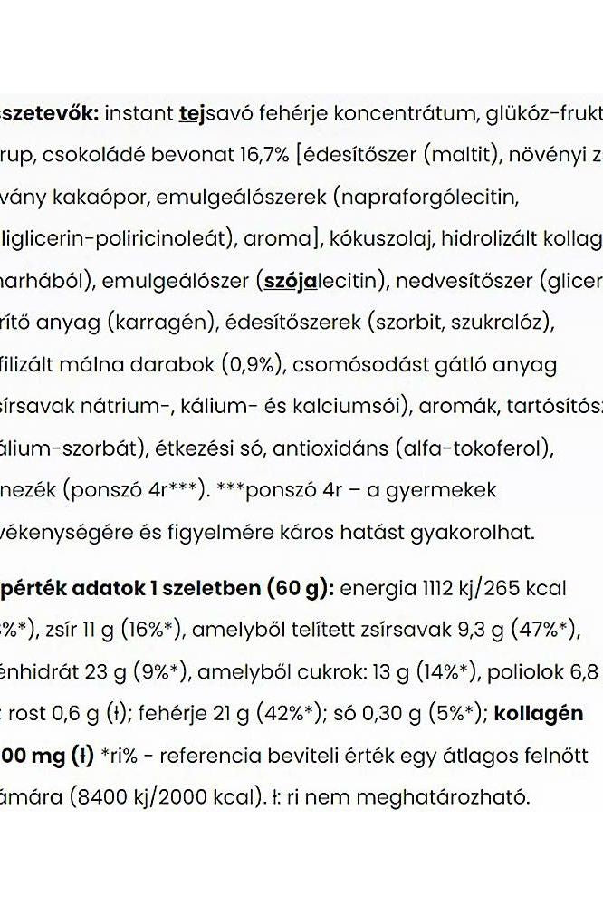 Nutriversum Collagen Bar nutritional information and ingredients list, highlighting low calories and high protein content.
