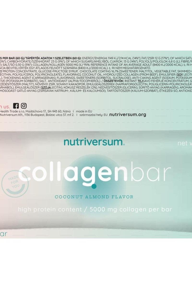 Nutriversum Collagen Bar packaging, coconut almond flavor, high protein and collagen content, low-calorie treat.