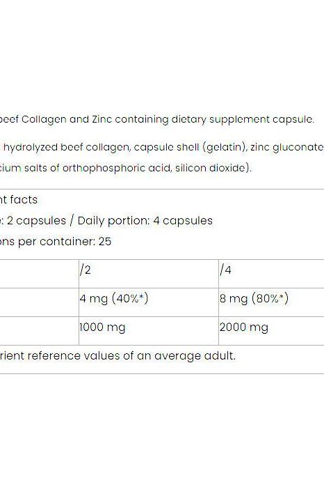 Nutritional information for beef collagen and zinc dietary supplement capsules with serving details.