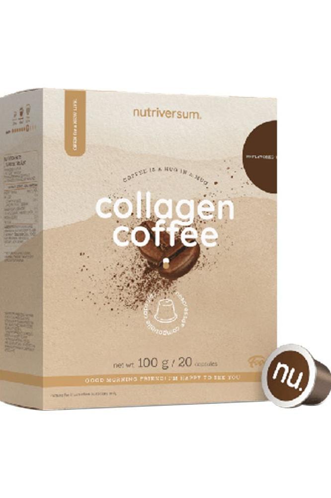 Nutriversum Collagen Coffee box with Nespresso compatible capsule, highlighting health benefits and taste.