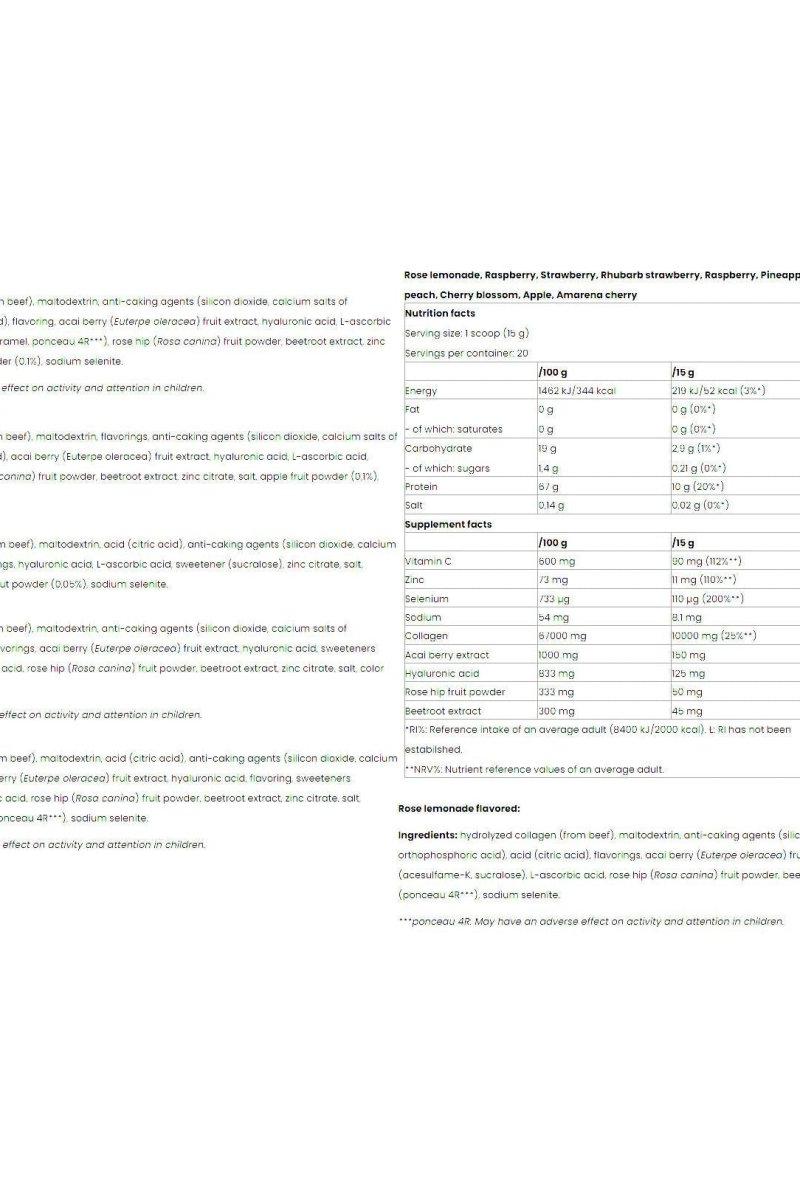 Nutriversum Collagen Heaven nutritional information table with ingredients and supplement facts.
