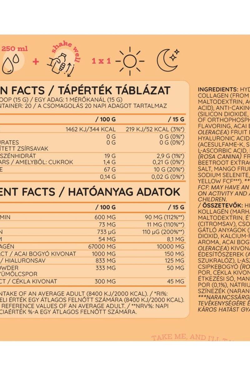Nutrition facts label for Nutriversum Collagen Heaven detailing ingredients and nutritional values per serving.