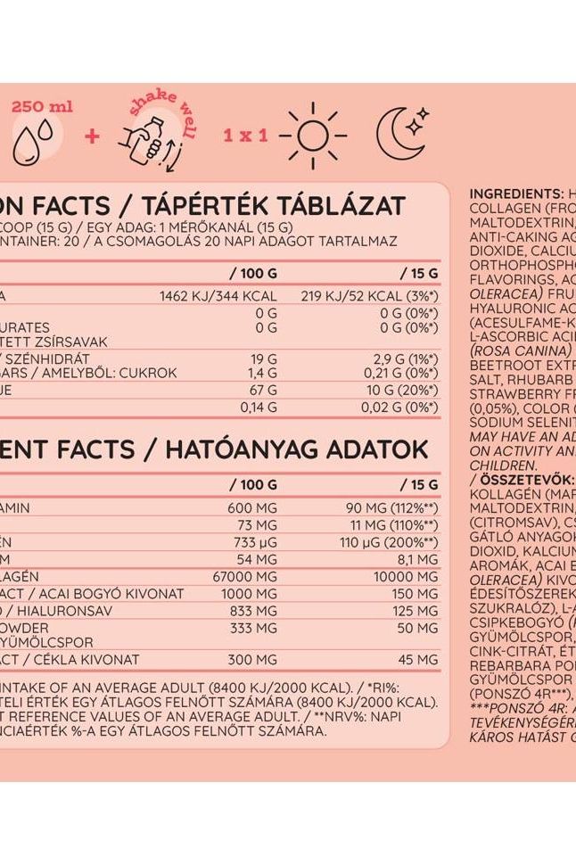 Nutriversum Collagen Heaven nutrition facts label with ingredients and serving information on a pink background.