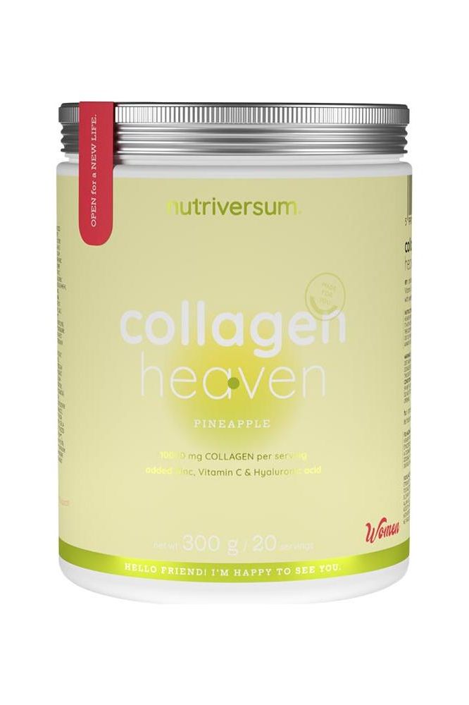 Nutriversum Collagen Heaven in Pineapple flavor, featuring 10,000 mg collagen, vitamin C, and hyaluronic acid.