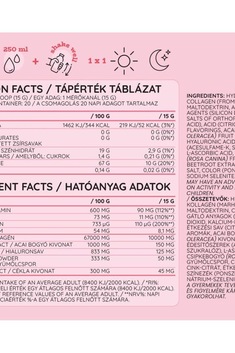Nutriversum Collagen Heaven nutritional facts label showing ingredients, calories, and active components.