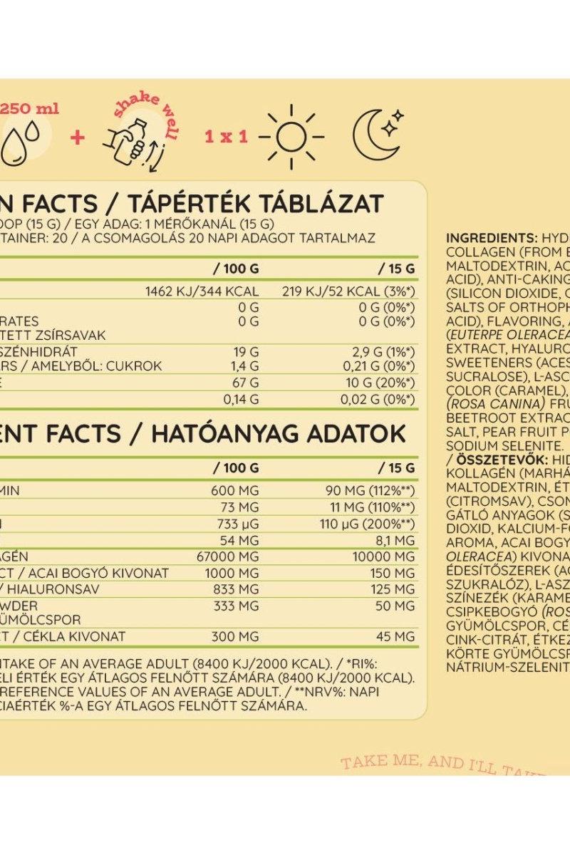 Nutrition facts label for Nutriversum product showing calories and ingredients for Collagen Heaven.