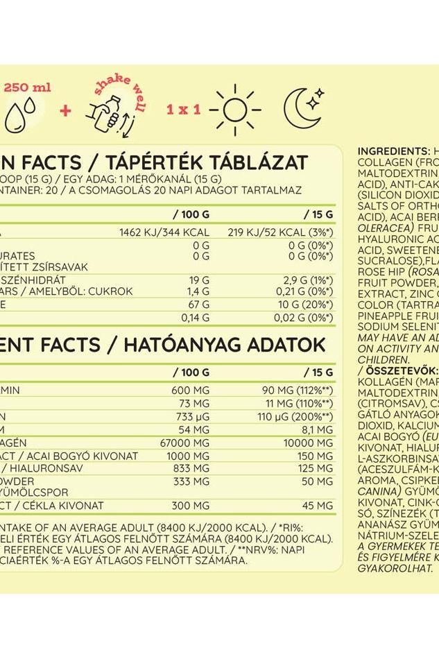 Nutrition facts label for Nutriversum Collagen Heaven showing collagen, hyaluronic acid, and antioxidants.