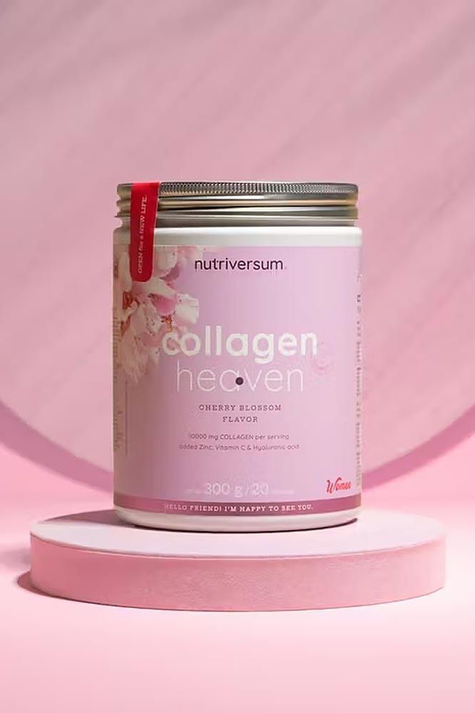 Nutriversum Collagen Heaven supplement jar with cherry blossom flavor on a pink background.