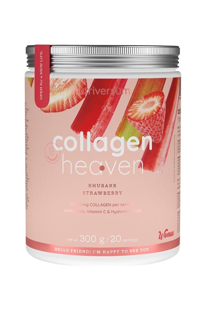 Nutriversum Collagen Heaven supplement jar in Rhubarb Strawberry flavor, enriched with collagen, vitamin C, and hyaluronic acid.