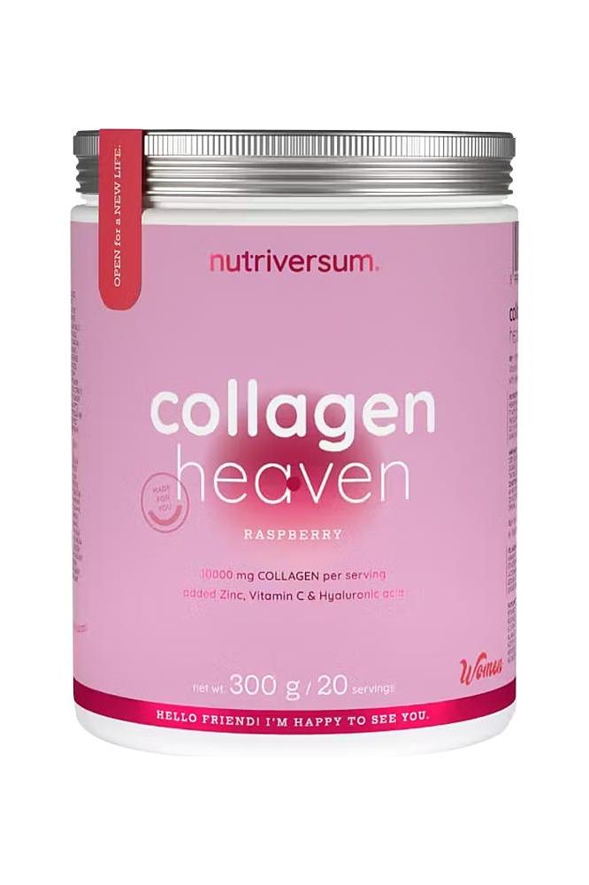 Nutriversum Collagen Heaven raspberry flavor with 10,000 mg collagen, vitamin C, and hyaluronic acid in a pink container.