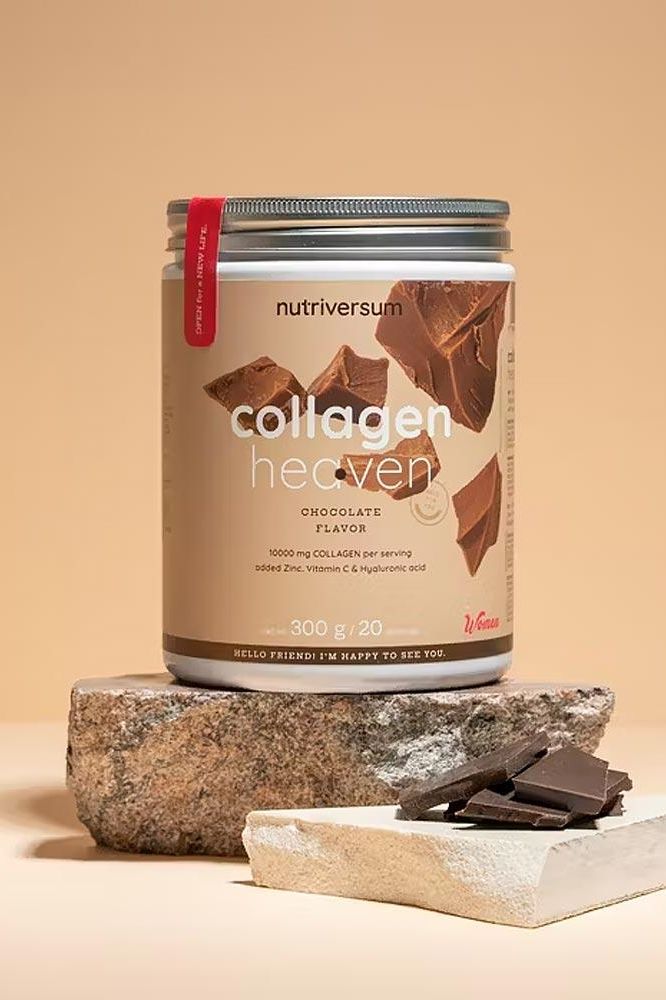 Nutriversum Collagen Heaven chocolate flavor, 10,000 mg collagen, antioxidants, and hyaluronic acid.