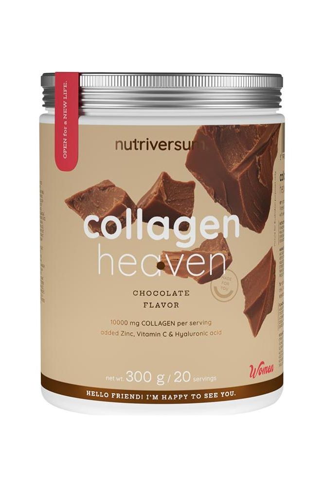 Nutriversum Collagen Heaven chocolate flavor with 10000 mg collagen, hyaluronic acid, and vitamin C, 300g product.