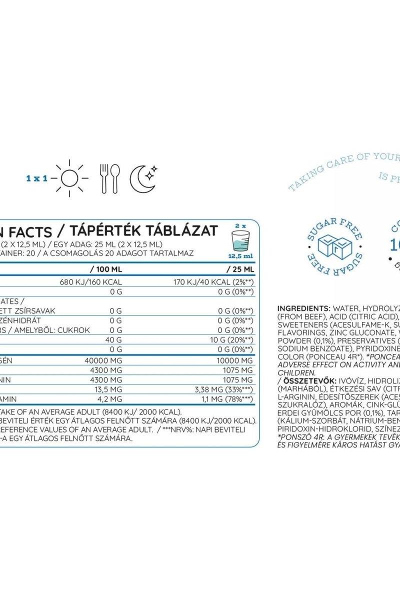 Nutriversum Collagen Liquid nutritional facts panel displaying ingredients and benefits.
