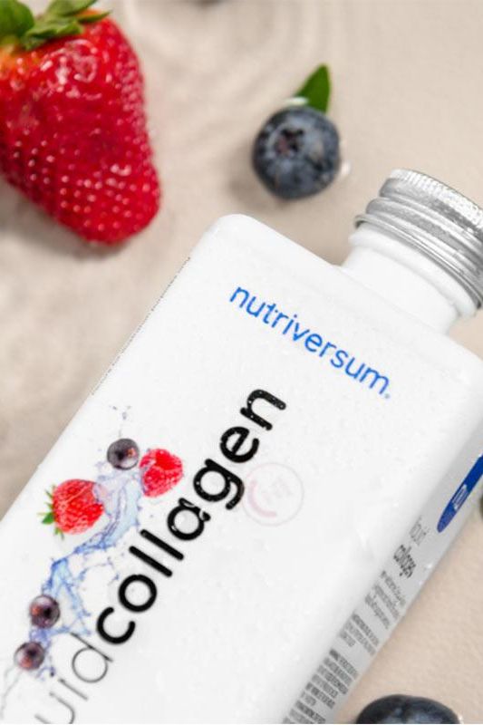 Nutriversum Collagen Liquid with wild berries, promoting skin elasticity and health in a 500 ml bottle.