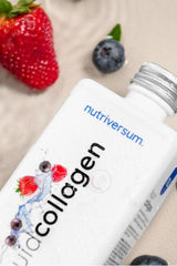 Nutriversum Collagen Liquid with wild berries, promoting skin elasticity and health in a 500 ml bottle.