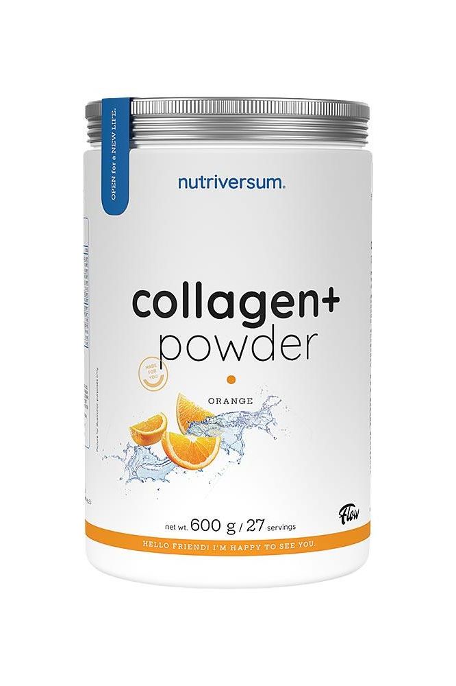 Nutriversum Collagen+ Powder in orange flavor, 600g container for skin and joint health support.