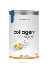 Nutriversum Collagen+ Powder in orange flavor, 600g container for skin and joint health support.
