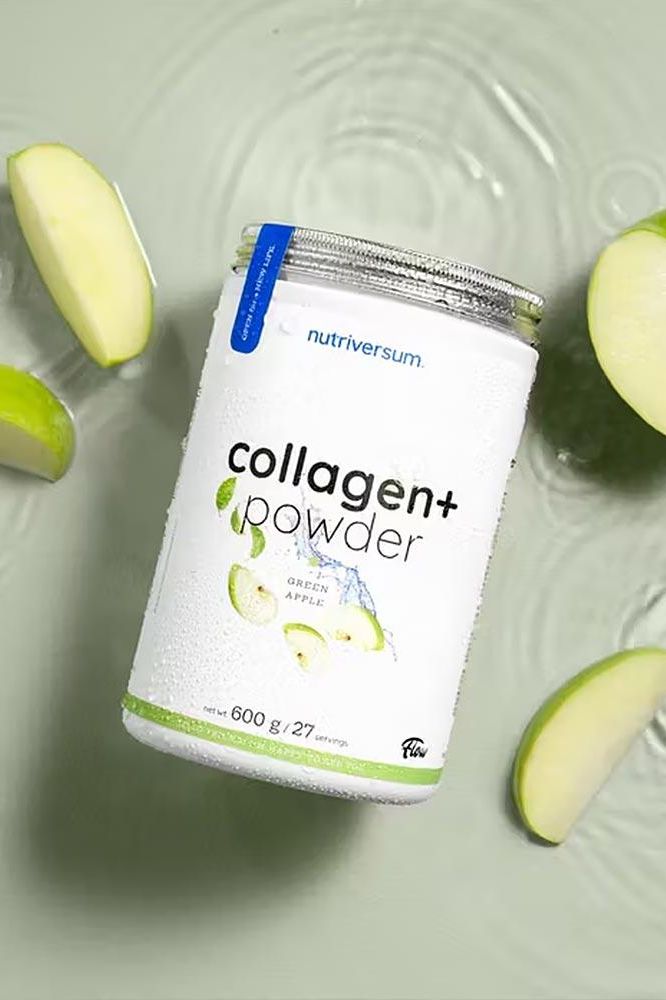 Nutriversum Collagen+ Powder in green apple flavor with apple slices, promoting skin and joint health.