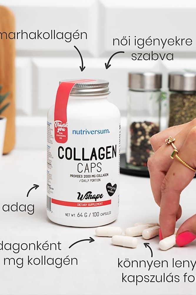 Nutriversum Collagen capsules bottle with label details and scattered pills on a kitchen counter.