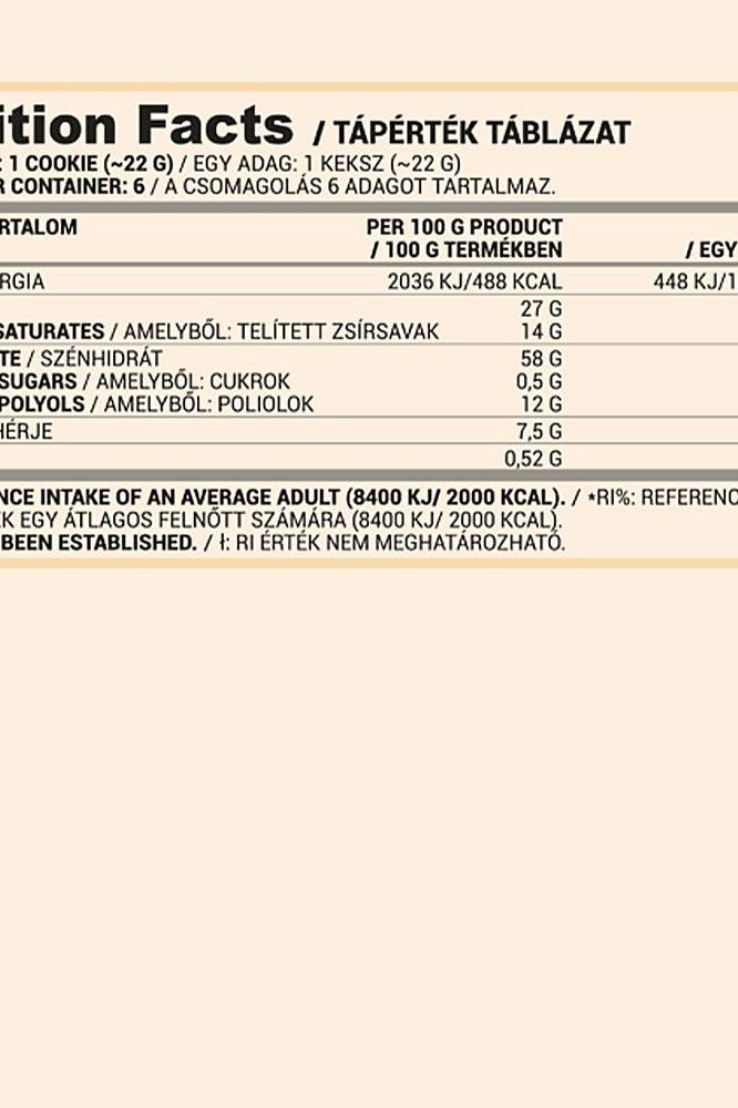 Nutriversum Cookies nutrition facts table, detailing health information and ingredients per serving.