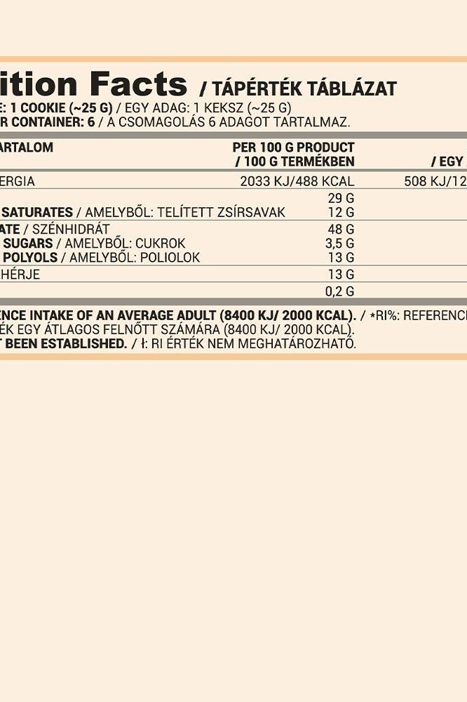 Nutriversum Cookies nutrition facts label detailing calories, fats, and sugars per serving.