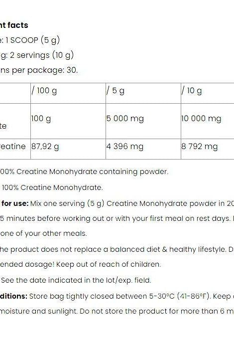 Nutriversum Creatine Monohydrate supplement facts, serving size, and usage instructions.
