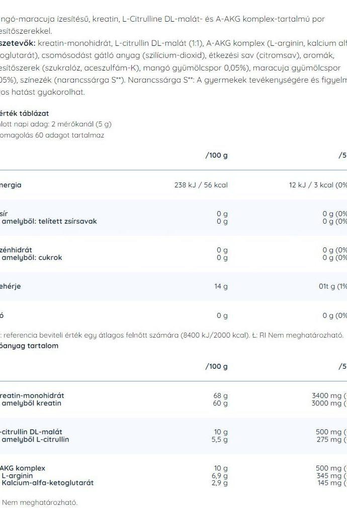 Nutriversum Creatine+ nutritional information table, ingredients, and serving details for optimal performance.